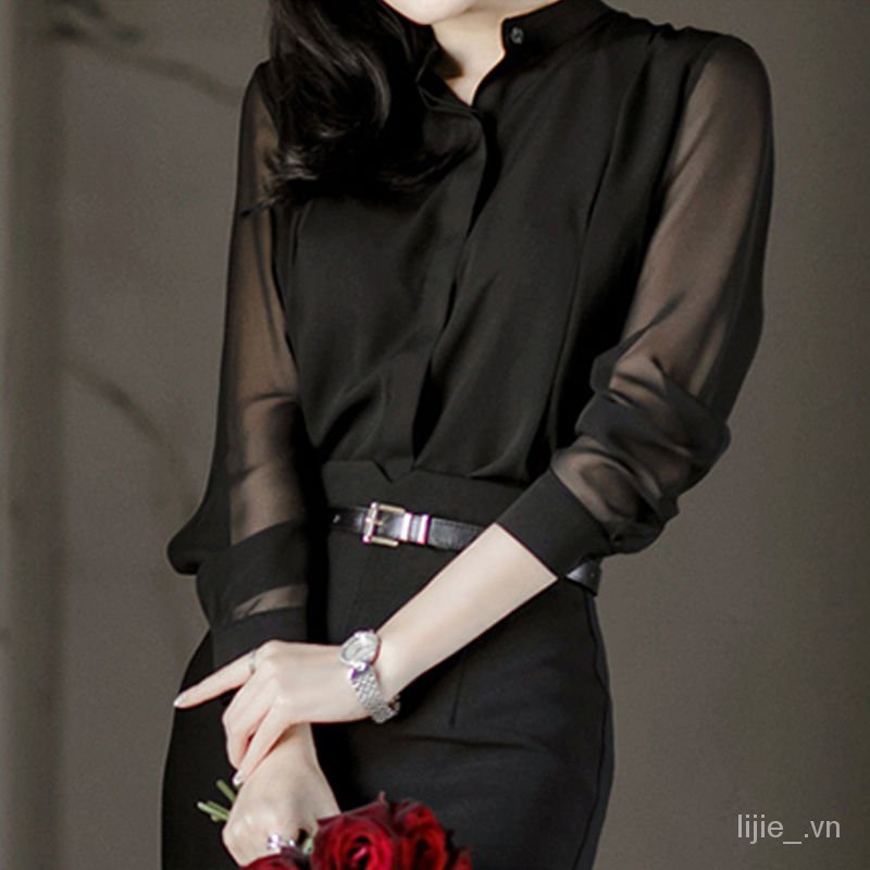 Áo sơ mi chiffon tay dài phối lưới màu đen phong cách Hàn Quốc thời trang công sở cho nữ