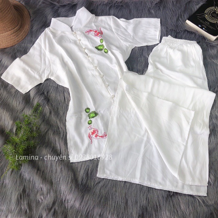 Đồ Lam ĐI CHÙA MẪU CÁ NGọcTHÊU HOA SEN VẢI LỤA SATIN MỊN