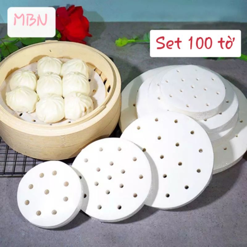 100 tờ Giấy nến đục lỗ tròn cho nồi chiên không dầu và xửng hấp bánh bao, dimsum