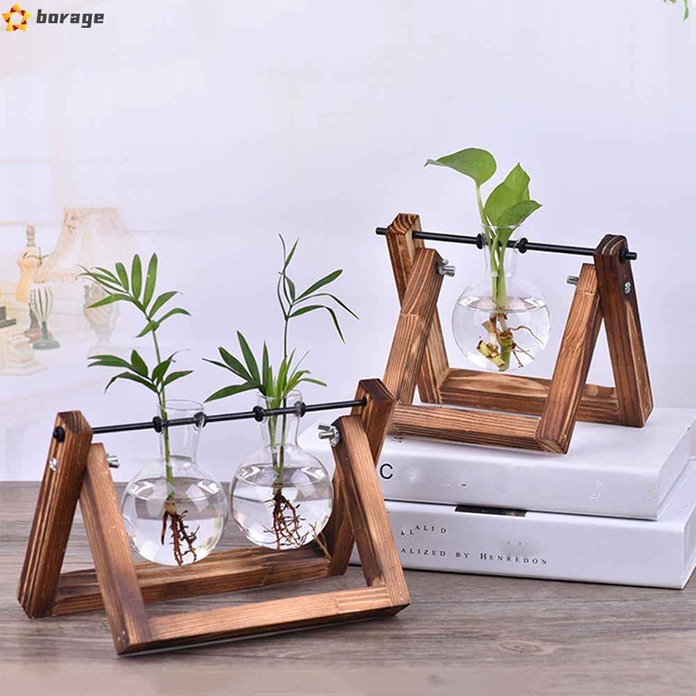 Chậu Hoa Thủy Tinh Kèm Khung Gỗ Phong Cách Cổ Điển Dùng Trang Trí Bàn Làm Việc