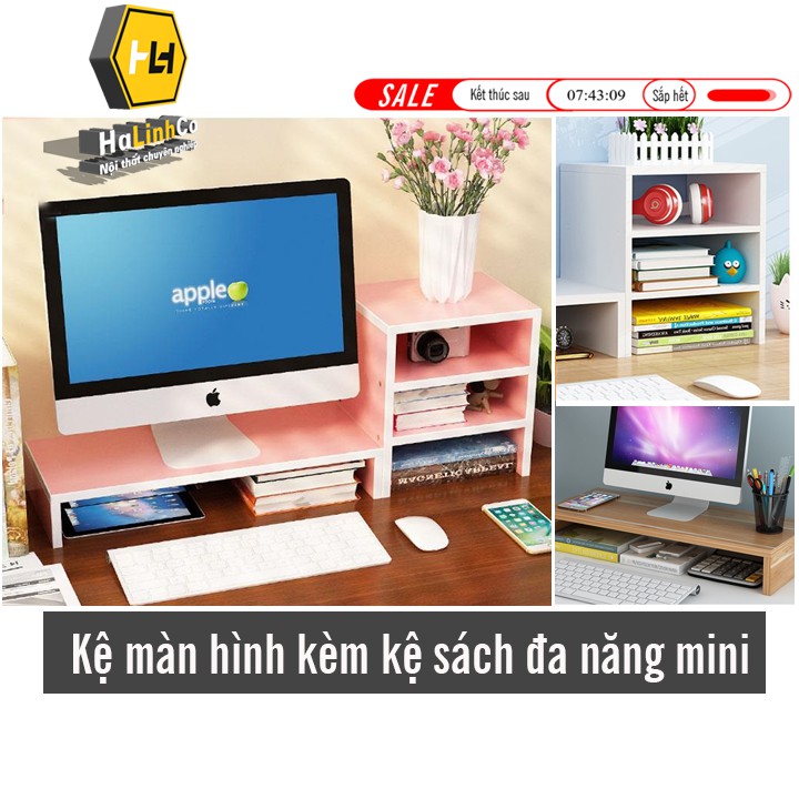 (2 trong 1) Kệ màn hình để bàn kèm kệ sách mini đa năng bằng gỗ mdf phong cách HQ