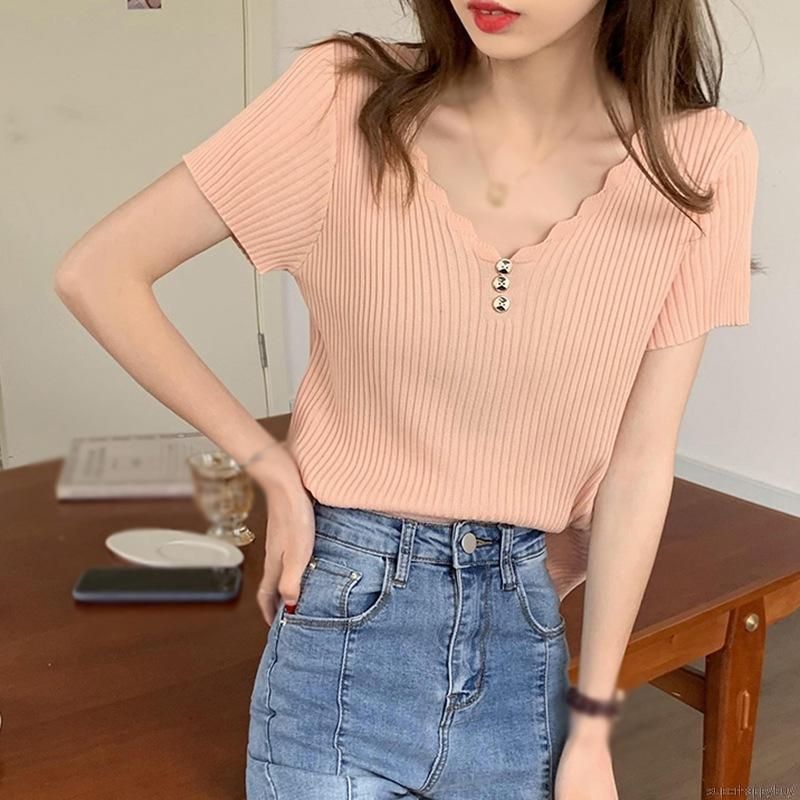 Áo Thun Nữ Ngắn Tay Cổ Chữ V Thời Trang Hàn Quốc