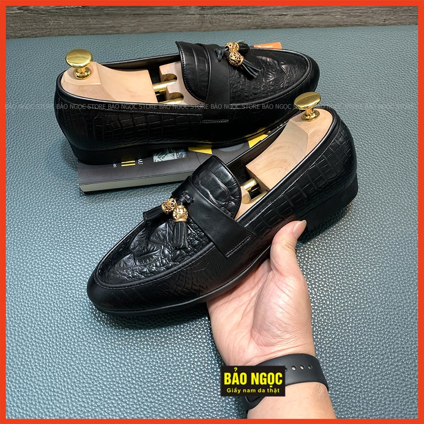 {ĐẾ KHÂU CỰC BỀN} Giày lười nam da bò thật BẢO NGỌC K1868 dập vân cá sấu băng chuông vàng cao cấp🎁 Đế cao su đúc ca | BigBuy360 - bigbuy360.vn