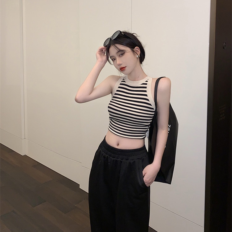[Hana And Alice] Áo Dệt Kim Sát Nách Hở Eo Họa Tiết Kẻ Sọc Phong Cách Quyến Rũ