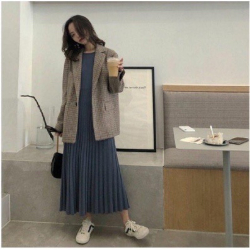 Đầm len dáng dài váy len tăm dệt kim maxi dài tay dáng xoè xếp ly suông nữ cổ tròn ôm ấm áp mùa đông Hàn Quốc xuông body