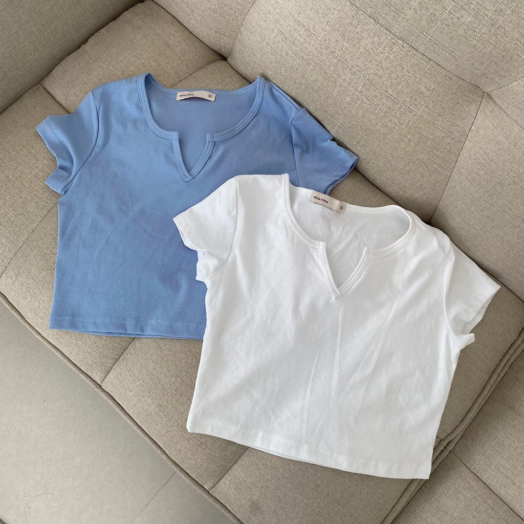 Áo croptop cổ tròn khoét V cộc tay thun Mia Ritta A2075 Ảnh thật