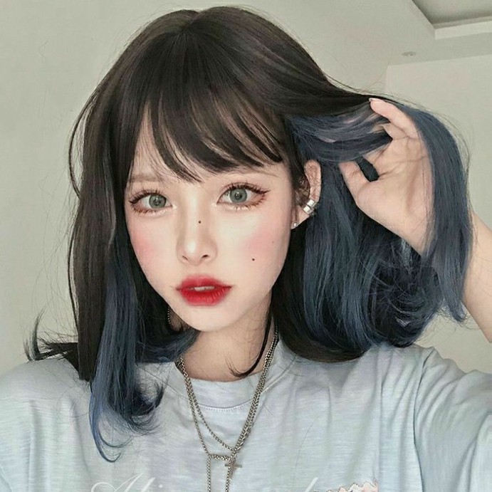 [Sẵn] Wig teen/lolita/cosplay M05 nâu pha xanh khói hai lớp (tóc giả nguyên đầu cúp ngang vai) tại MIU SHOP 01