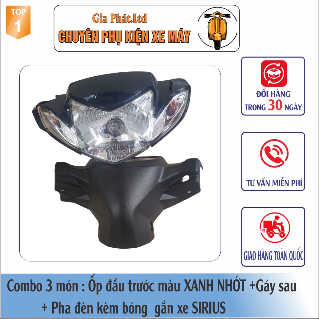 Bộ ốp đầu màu XANH NHỚT gắn xe SIRIUS đầy đủ Ốp đầu trước, Gáy sau và Pha đèn kèm bóng