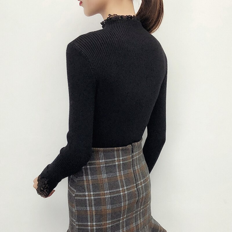 Áo Sweater Dệt Kim Cổ Lọ Phối Ren Hoa Thời Trang Thu Đông 2018 Cho Nữ