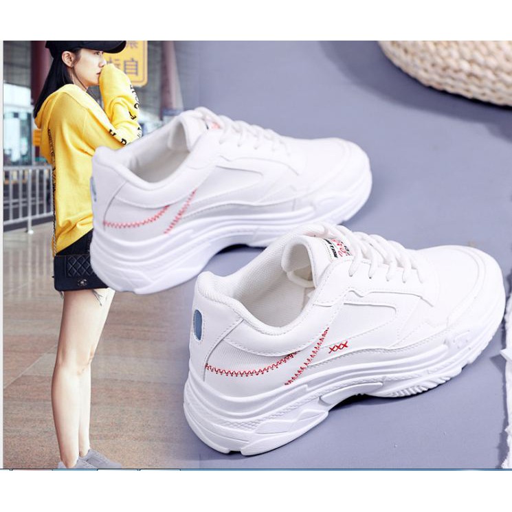 [FREE SHIP] Giày sneaker nữ độn đế đẹp viền khâu chữ, gót giả đèn