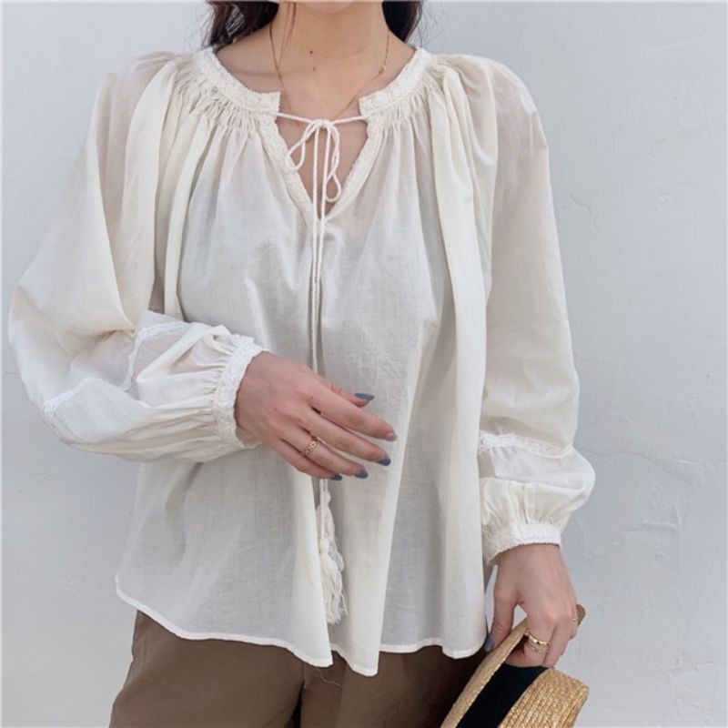 Áo sơ mi cổ rút dây vintage
