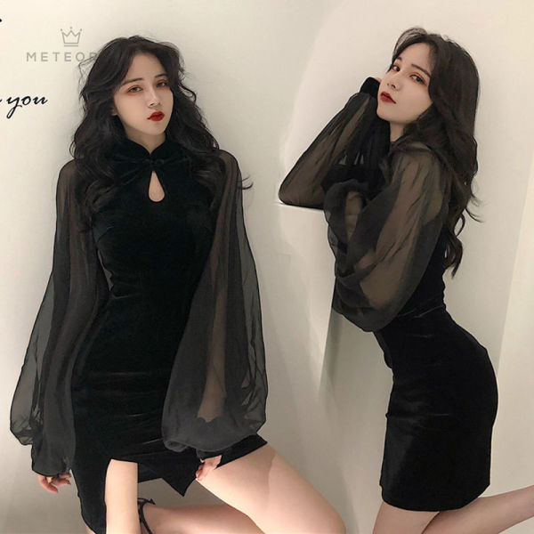 Đầm Nhung Tay Dài Xẻ Tà Thời Trang Cho Nữ