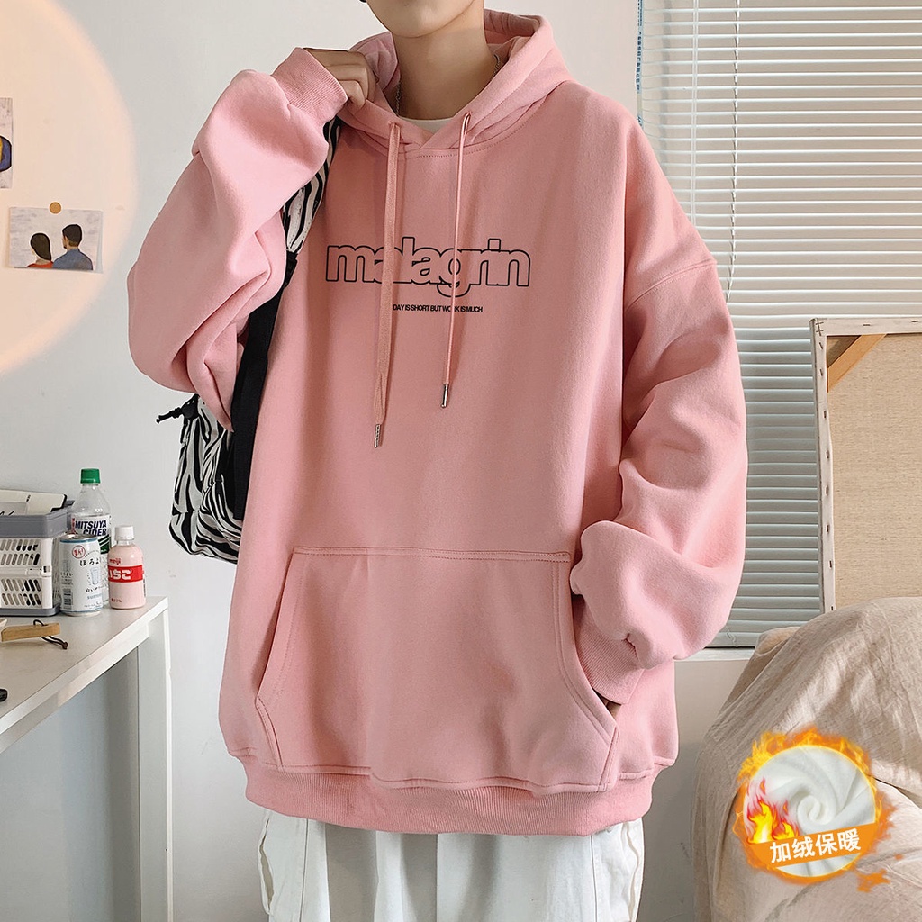Áo hoodie Lót Lông Cừu Dày Dặn Cỡ Lớn Màu Hồng Sữa Thời Trang Thu Đông Cho Cặp Đôi