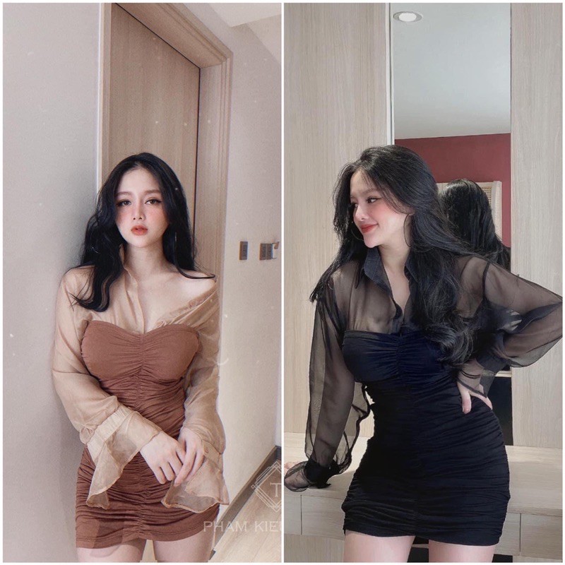 set đầm nhún kèm áo sơ mi voan (shop tự chụp)
