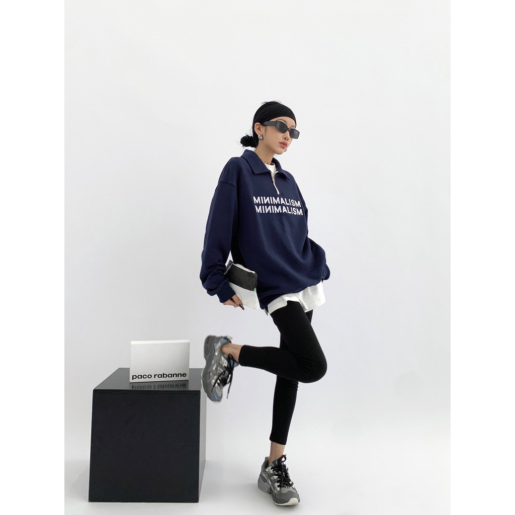 Áo Sweater Zip Nữ MINIMALISM Cổ Cao Thêu Chữ Dáng Rộng