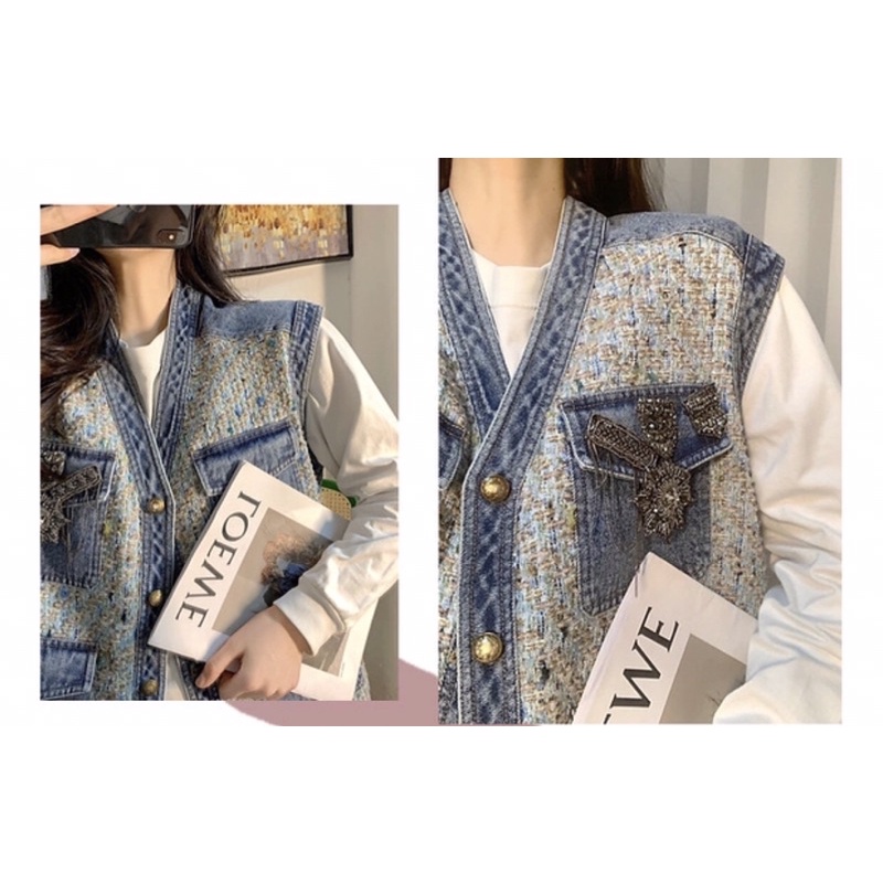 Áo gile dạ Tweed phối bò denim Ulzzang siêu xinh ❤️