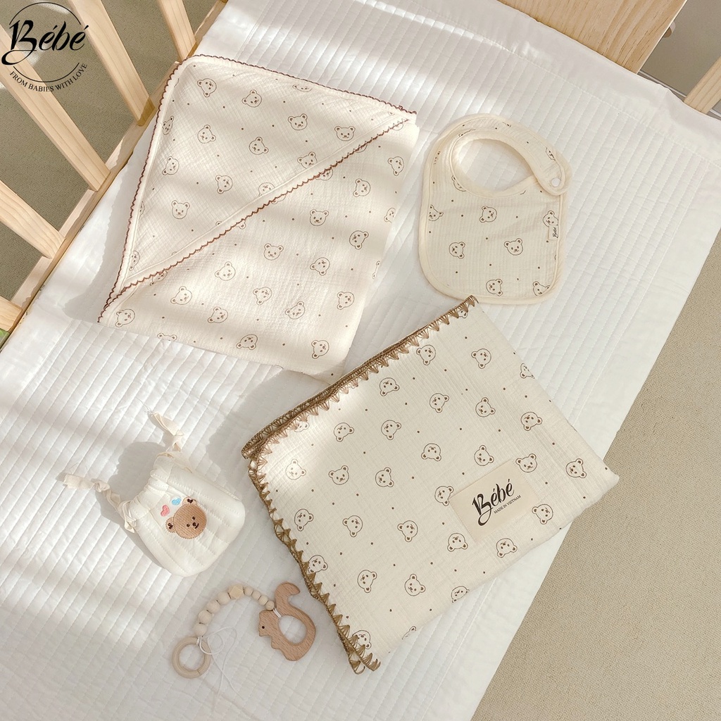 BéBé - Set Bộ Chăn, Gối Đầu, Chăn Ủ Viền Zigzag Họa Tiết Gấu In Cho Bé