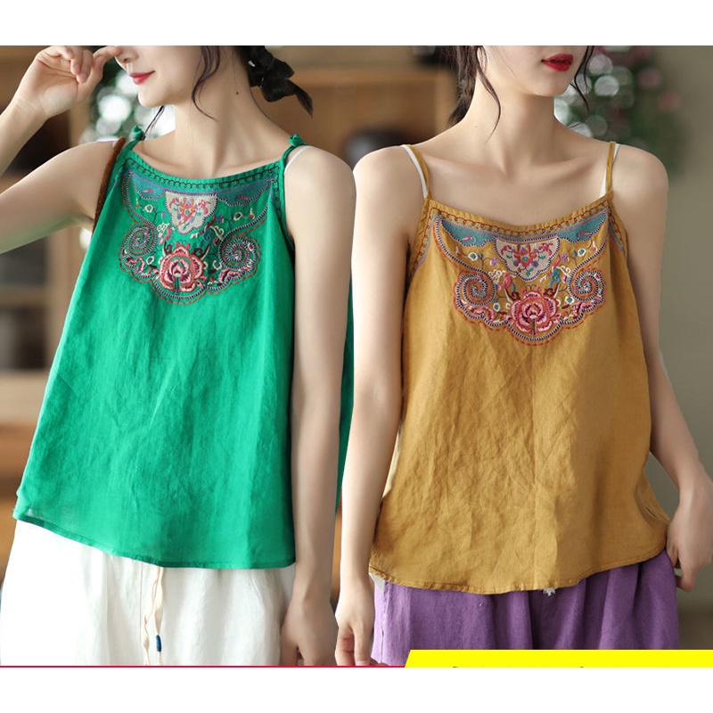 Áo Hai Dây Cotton Lanh Mỏng Thêu Họa Tiết Dân Tộc Phong Cách Retro Mới 2022