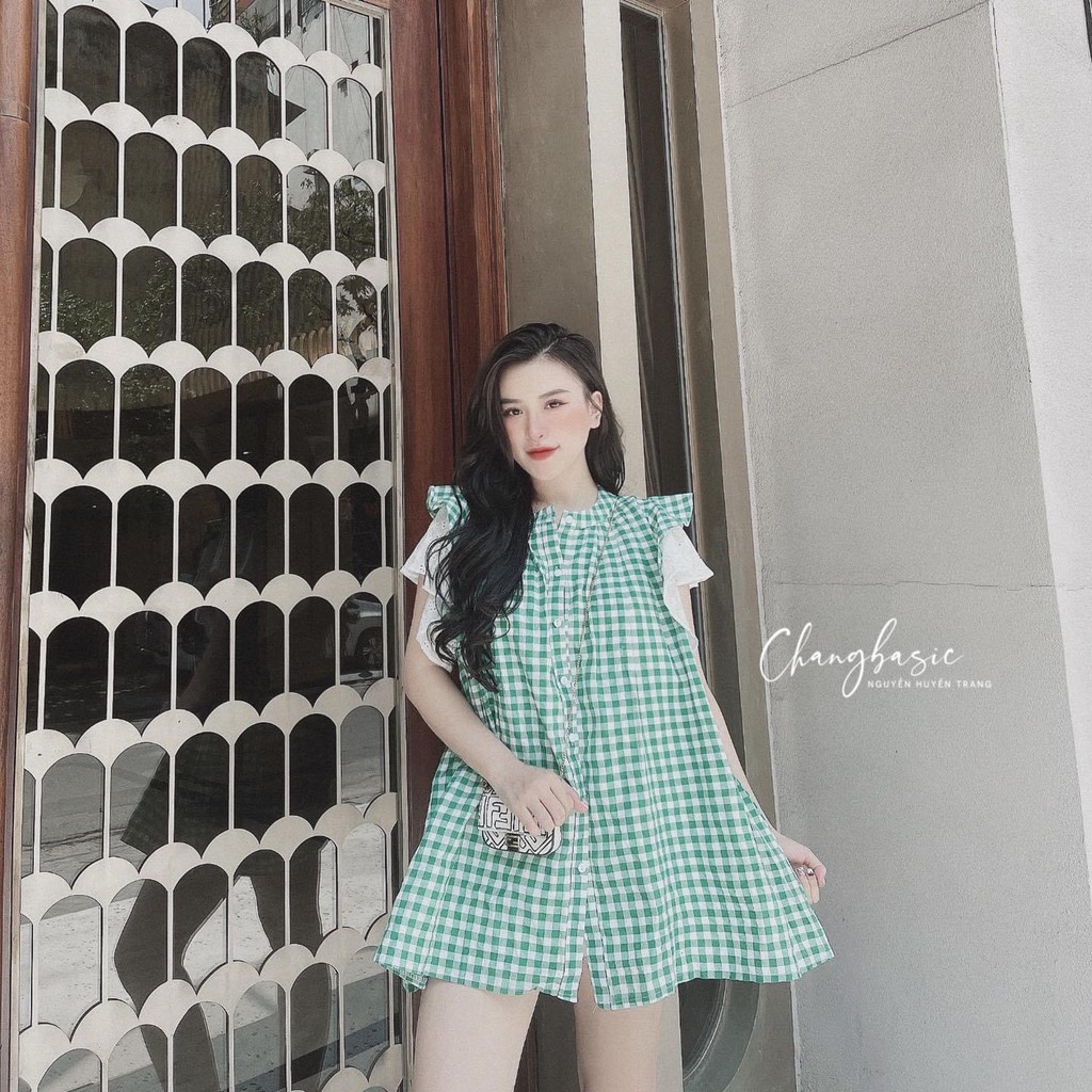 Đầm Kẻ Xanh Cánh Tiên Xòe Cúc Cổ Tàu Siêu Hot | BigBuy360 - bigbuy360.vn