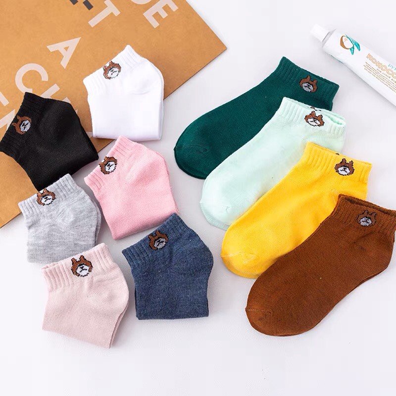 Combo 10 đôi tất gấu cổ ngắn họa tiết Brown tặng kèm túi đựng - ALALA