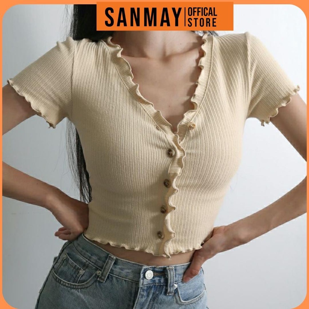 Áo Kiểu Croptop Nữ SANJOLI Áo Croptop tay ngắn Ôm body Ulzzang Bánh Bèo Hàn Quốc AO037