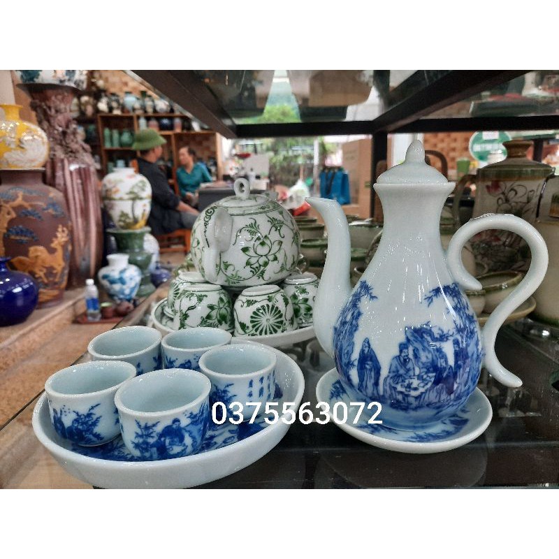 Bộ ấm chén men lam Bát tràng