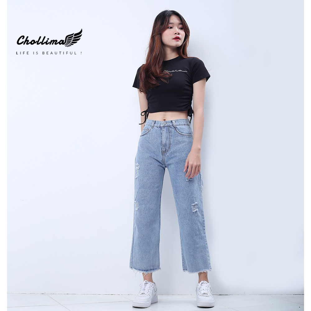 Quần baggy jeans nữ Chollima ống rộng tua lai màu xám trắng rách QD027