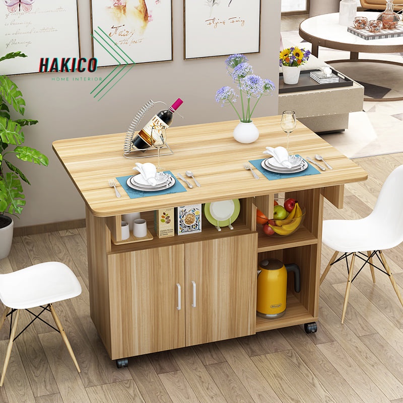 Bàn Ăn Thông Mình Tiện Lợi Có Ngăn Hộc Để Đồ 4 Cánh Gập Kèm Bánh Xe Tiện Dụng Dễ Dàng Di Chuyển - KICO HOME