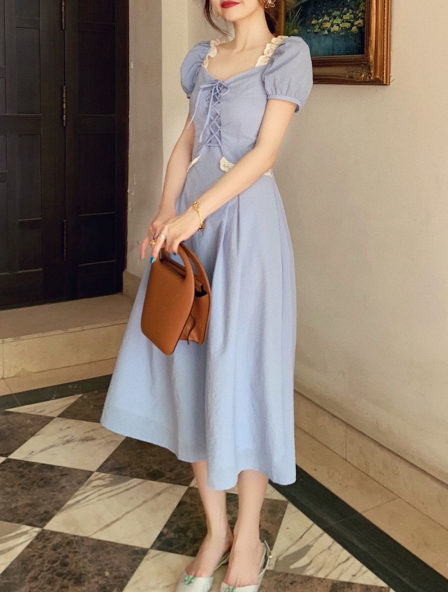 ready stock Đầm Midi Tay Ngắn Màu Xanh Thời Trang Mùa Hè Cho Nữ | BigBuy360 - bigbuy360.vn