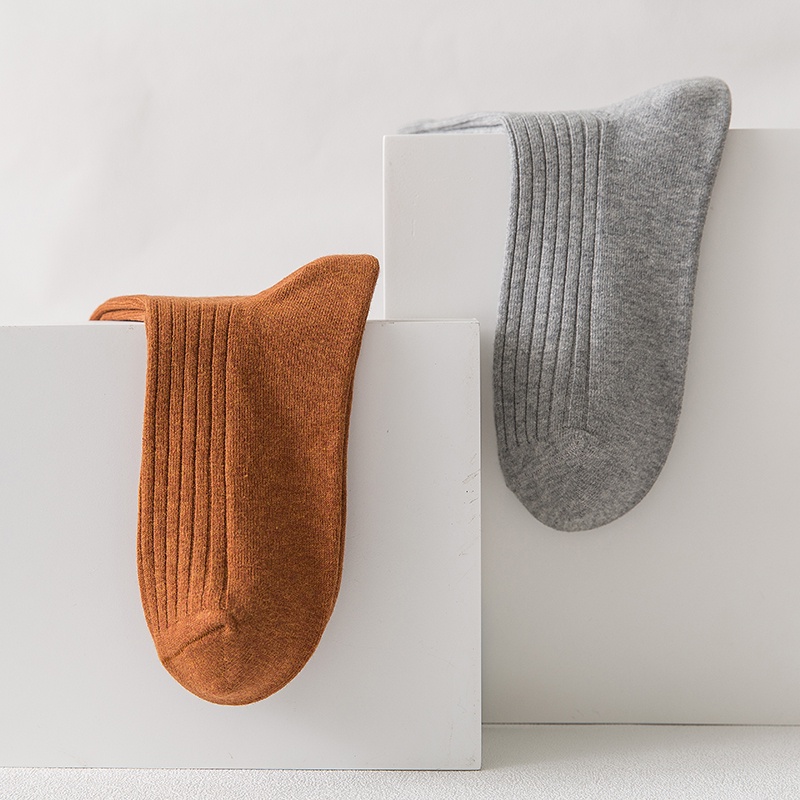 Men Twin-needle Cotton Socks Male Plain Casual Socks Ready Stock Business Semi-High Socks