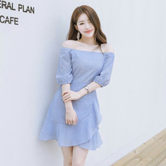 Đầm sọc xanh tùng bèo, đầm cổ vuông sọc xanh, đầm sọc xanh trễ vai, đầm xanh kẻ sọc mặc 2 kiểu, đầm công sở siêu xinh
