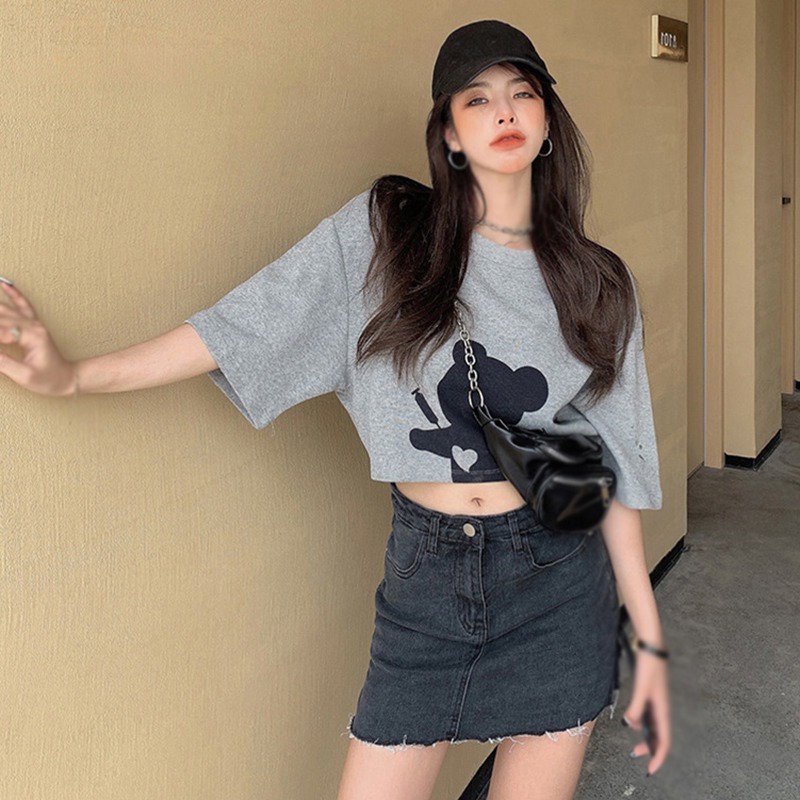 Áo Thun Ngắn Tay Dáng Rộng Eo Cao In Hình Gấu Thời Trang Mùa Hè Hàn Quốc