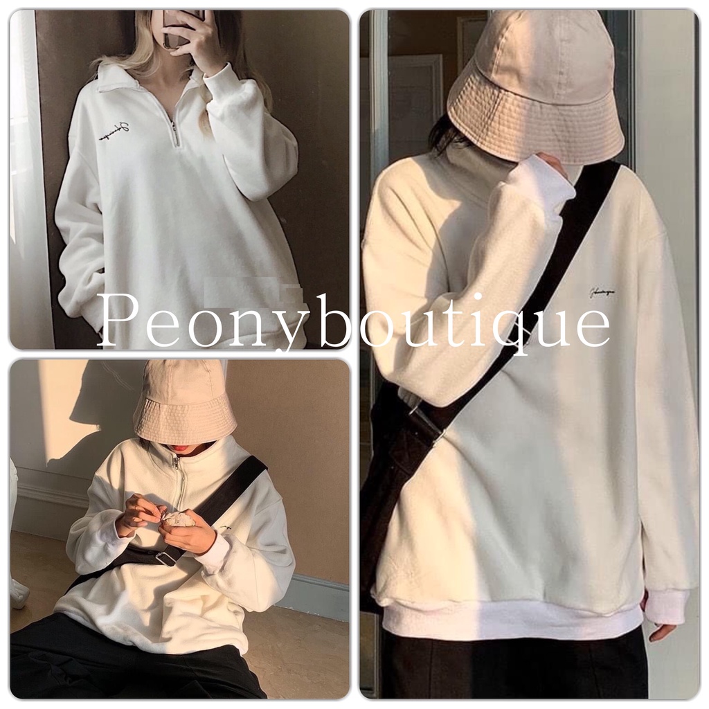 Áo Nỉ Cổ Cao Chữ Nhỏ PEONYB Nữ [FREESHIP] 🌸 Sweater form rộng dài tay, hoodie zip màu trắng thêu đen cá tính Ulzzang 🌸 | BigBuy360 - bigbuy360.vn