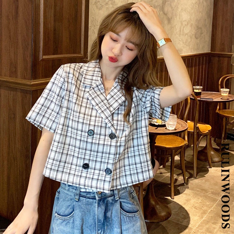 Áo Khoác Blazer Tay Ngắn Họa Tiết Sọc Caro Phong Cách Hàn Quốc