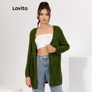 819 VN Delisted Áo cardigan Lovito màu trơn phối túi phong cách thường ngày L18X196 (Màu xanh lá)