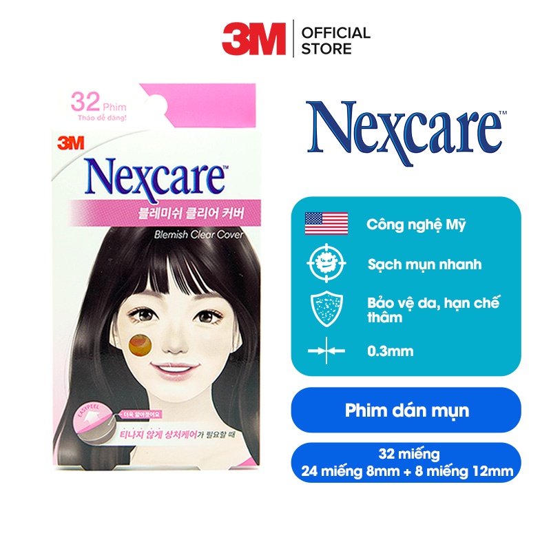 Miếng dán mụn Nexcare 3M hộp 32 miếng (24 miếng 8mm, 8 miếng 12mm) - Siêu mỏng, không thấm nước, mờ thâm BBC