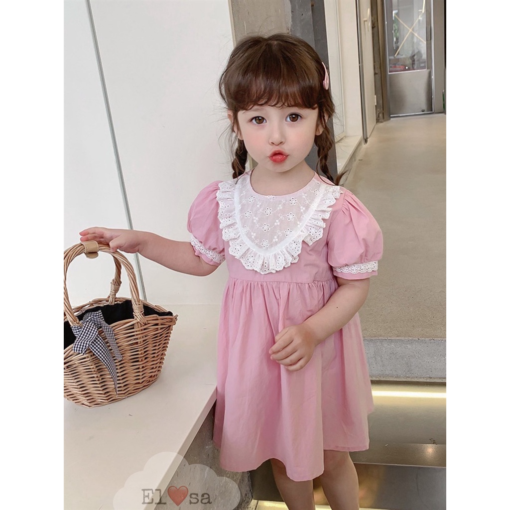 Váy bé gái basic cổ trắng thêu hoa hình tim nổi 2 màu xanh hồng cho bé gái từ 8 đến 20 kg