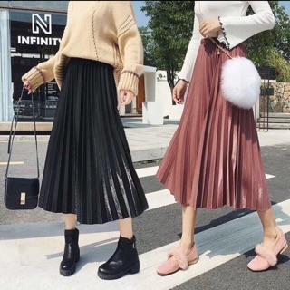 Chân váy xếp li dáng dài ánh nhũ
