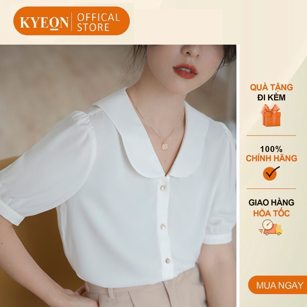 Sơ mi công sở nữ màu trắng tay ngắn phồng, Áo kiểu cổ sen hình cánh hoa xinh xắn AA579