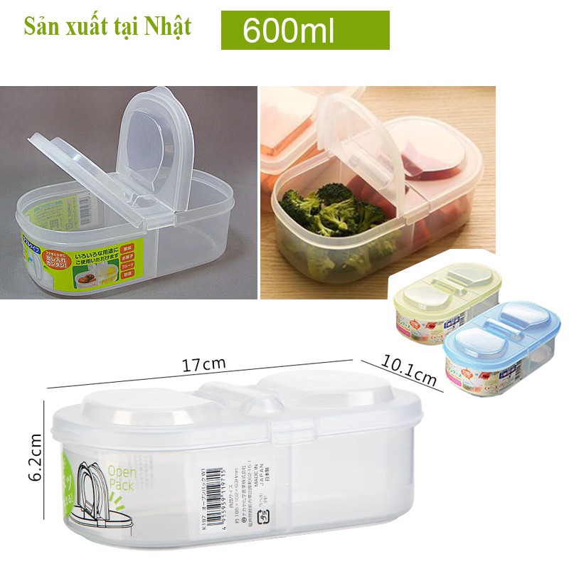 hộp nhựa 2 ngăn 2 nắp mở đứng vuông góc, dung tích 600ml đựng thực phẩm. Sx tại Nhật. H715
