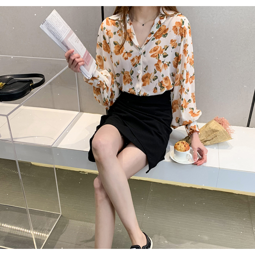 SUXI Áo Sơ Mi Chiffon Tay Dài Dáng Rộng In Hoa Kiểu Retro Xinh Xắn Cho Nữ