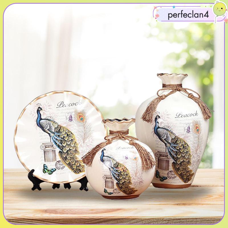 Set 3 Bình Hoa Gốm Họa Tiết Chim Công Cổ Điển Trang Trí Lối Đi