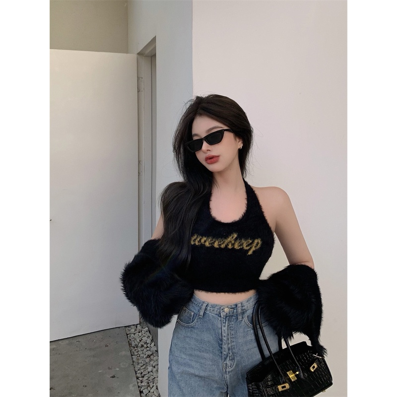 Cocory vn  Áo Croptop Dệt Kim Hai Dây In Chữ Dáng Ôm Gợi Cảm Cho Nữ