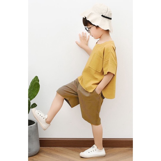 Bộ quần áo bé trai, Set áo phông ngắn tay xẻ tà túi ngực và quần đùi chất thô mềm cho bé từ 7-18 kg, SUN KID'S