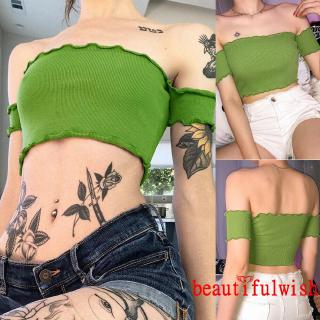 Áo croptop trễ vai màu xanh lá thời trang