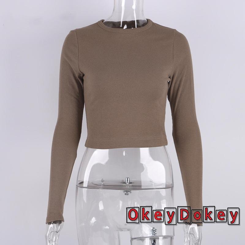 Áo Thun Crop Top Ôm Dáng Tay Dài Cổ Tròn Gợi Cảm Cho Nữ