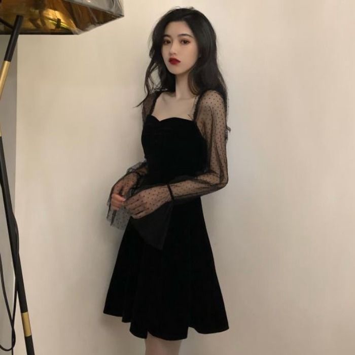 Lưới Khâu Màu Đen👗👗Đầm Ngắn Tay Dài Hở Vai Ôm Eo Màu Đen Quyến Rũ Cho Nữ