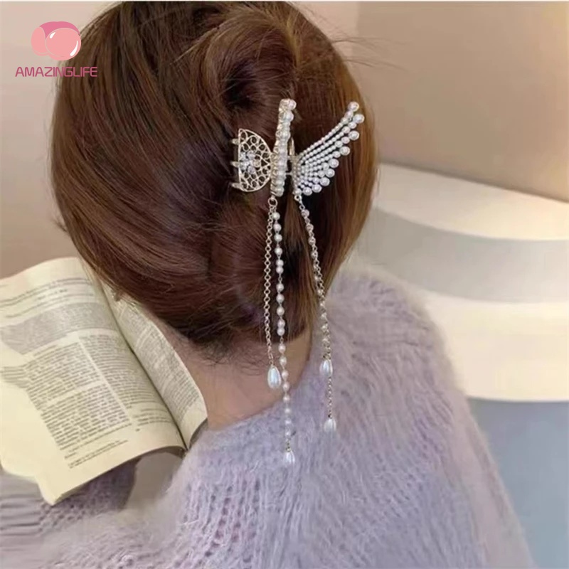 Kẹp Tóc Hình Nơ Tua Rua Đính Đá Ngọc Trai Thời Trang