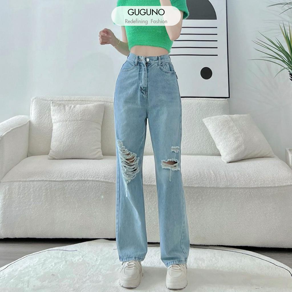 Quần jeans nữ ống rộng cạp cao Guguno