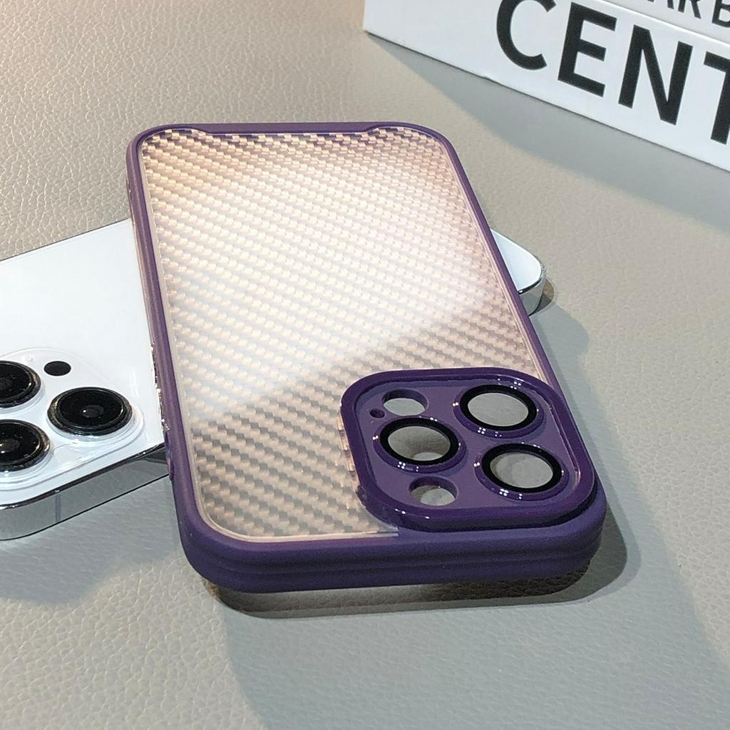 Ốp Điện Thoại Cứng Họa Tiết Sợi Carbon Màu Đen Kèm Miếng Dán Ống Kính Máy Ảnh Cho compatible for iPhone 11 12 13 14 pro max